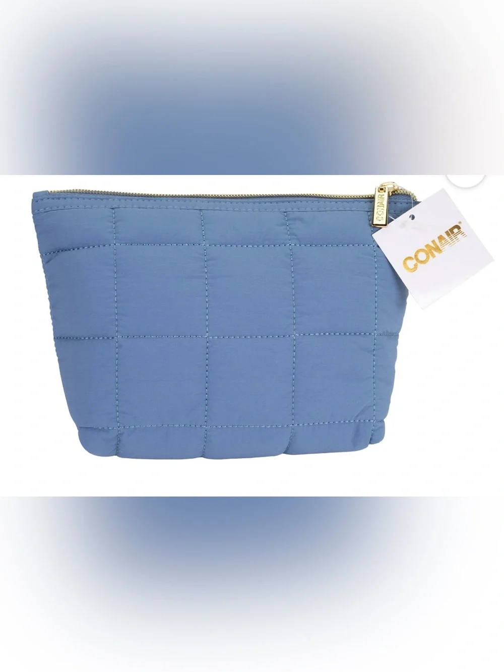 Conair Blue Quilted Clutch, Soft Polyester Beauty Pouch with Gold-Tone Hardware